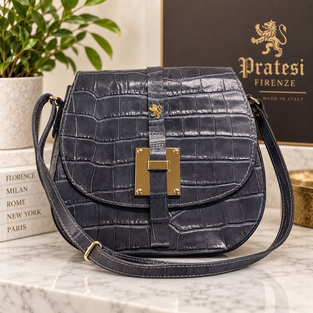 Pratesi Firenze Dark Gray Croc Embossed Leather Shoulder Crossbody Bag Italy